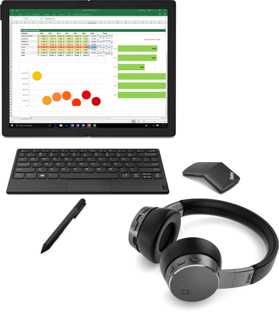 ThinkPad X1 Fold product accessory grouping with monitor, keyboard, pen, mouse, and headphones